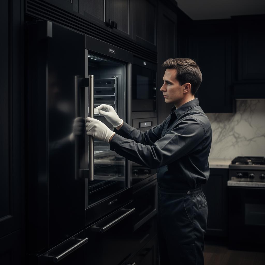 Factory-trained technician servicing built-in refrigerator
